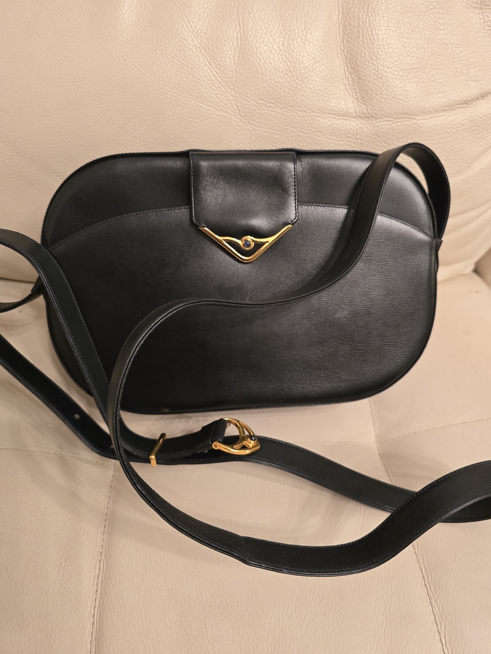 Vintage CARTIER Sapphire Line Calfskin Black Leather Shoulder And Crossbody Bag